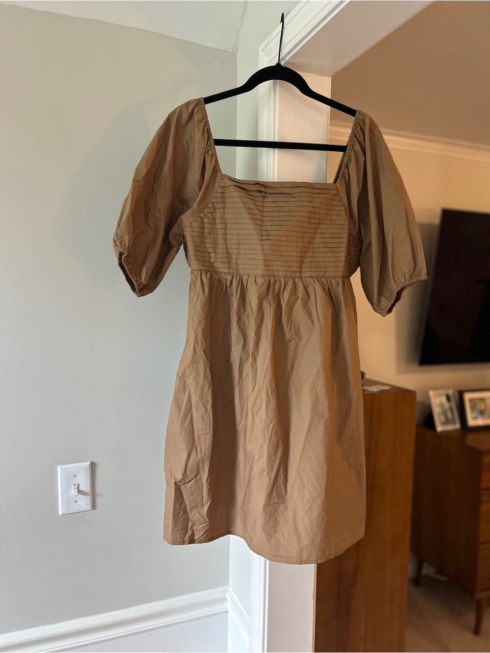 Steve Madden Tan Puff-Sleeve Square-Neck Mini Dress